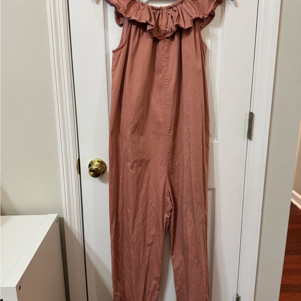 Hatch Maternity Ruffled Off-Shoulder Jumpsuit in Dusty Pink Cotton Blend Buttons - Picture 5 of 9